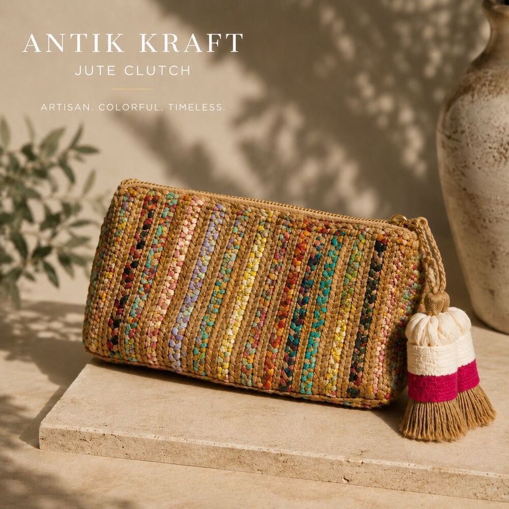 Antik Kraft Rainbow Jute Clutch Tassel Straw Boho Beach Bag NWT - Picture 4 of 4